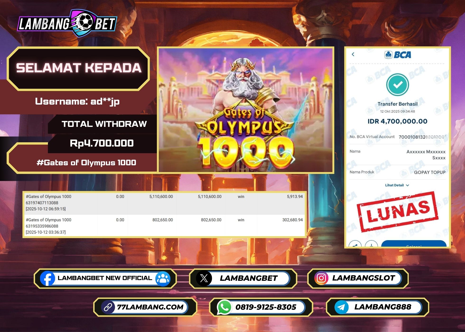 LAMBANGBET [12 OKTOBER 2025] JACKPOT SLOT Gates of Olympus 1000 "Rp4.700.000" LUNAS